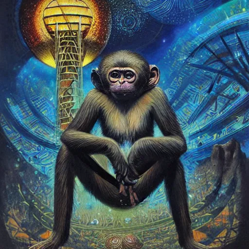 Image similar to A monkey at ozora festival by night, art by karol bak