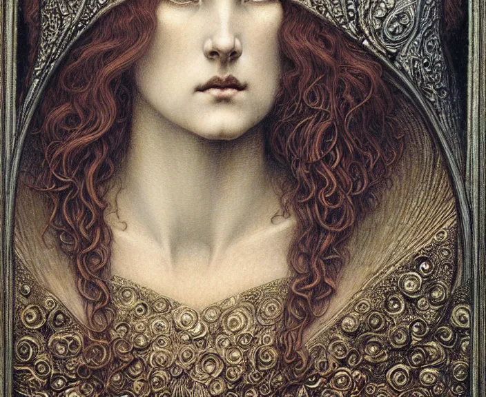 Image similar to detailed realistic beautiful young medieval queen face portrait by jean delville, gustave dore and marco mazzoni, art nouveau, symbolist, visionary, gothic, pre - raphaelite. horizontal symmetry