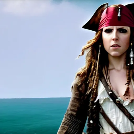 Image similar to still of Anna Kendrick as Captain Sparrow in Pirates of the Caribbean remake 2029