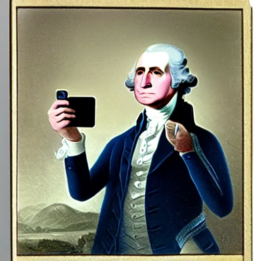 Prompt: professional color photo of George Washington taking a selfie in Walmart, 4k
