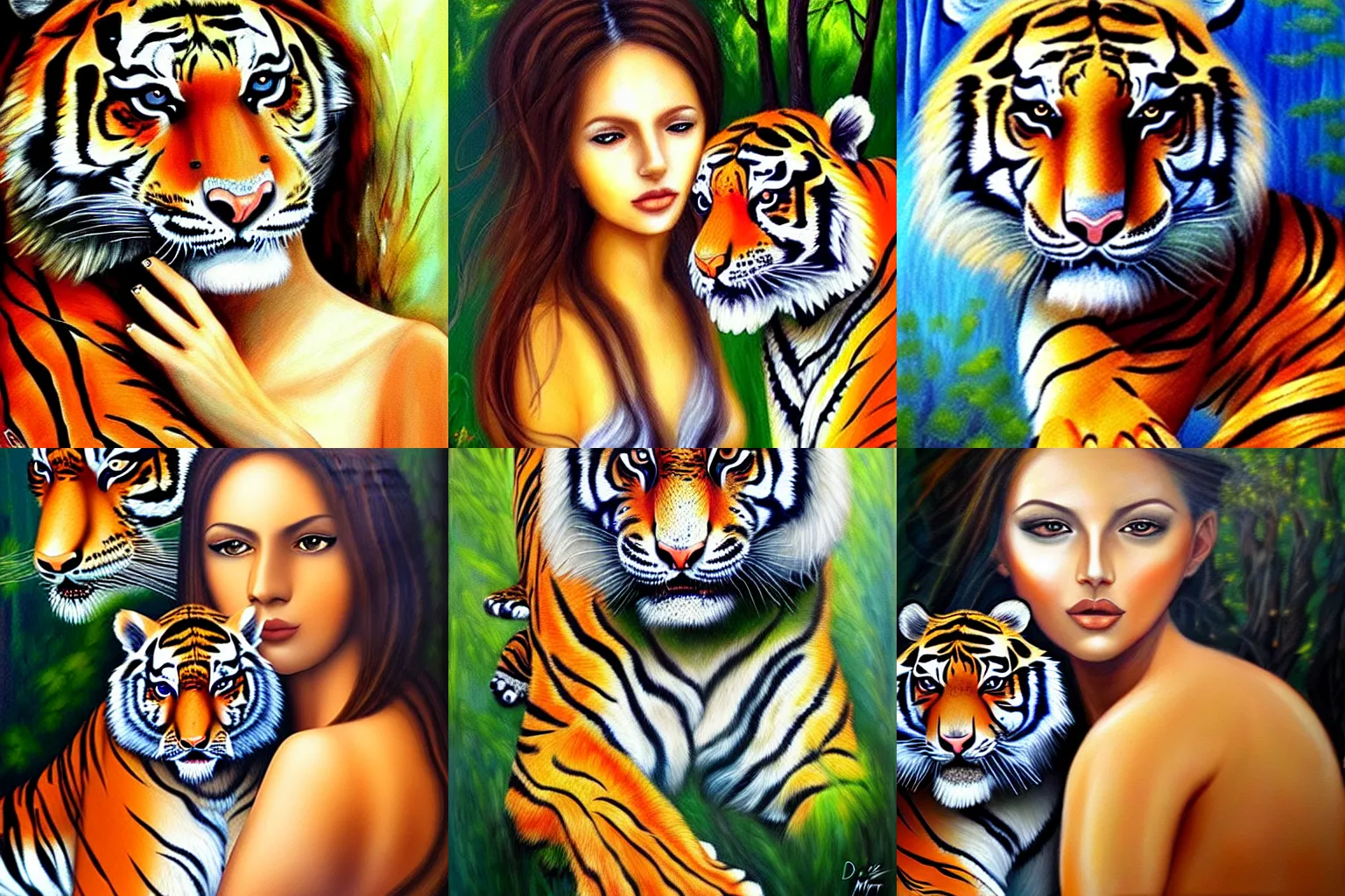 Prompt: portrait of a beautiful woman and a tiger, nature elements, painting, by dimitra milan.