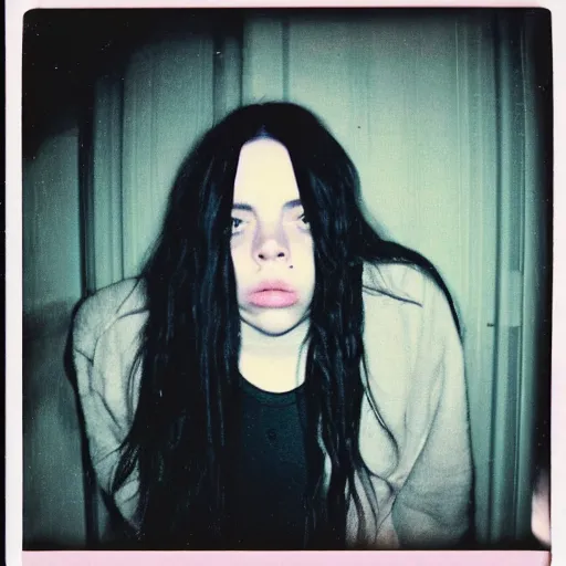 Image similar to A creepy polaroid photo of Billie Eilish chasing you down a hallway