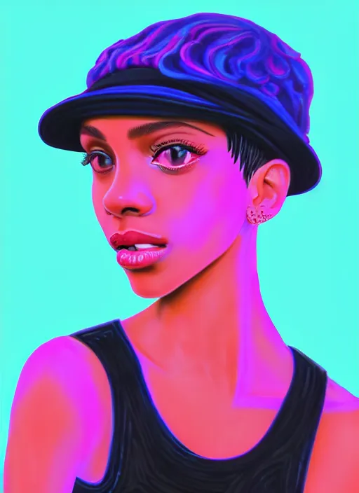 Image similar to portrait of teenage vanessa morgan with bright pink hair, black girl, curly pixie cut hair, wearing newsboy cap, pink short haircut, newsboy cap, hoop earrings, blue eyes, intricate, elegant, glowing lights, highly detailed, digital painting, artstation, concept art, smooth, sharp focus, illustration, art by wlop, mars ravelo and greg rutkowski