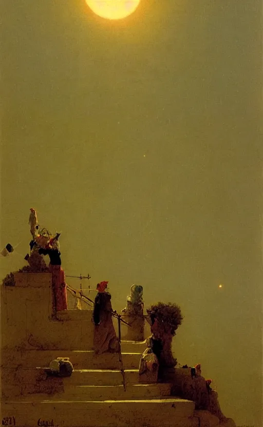 Prompt: meditation on the background of a huge crimson moon, by carl spitzweg