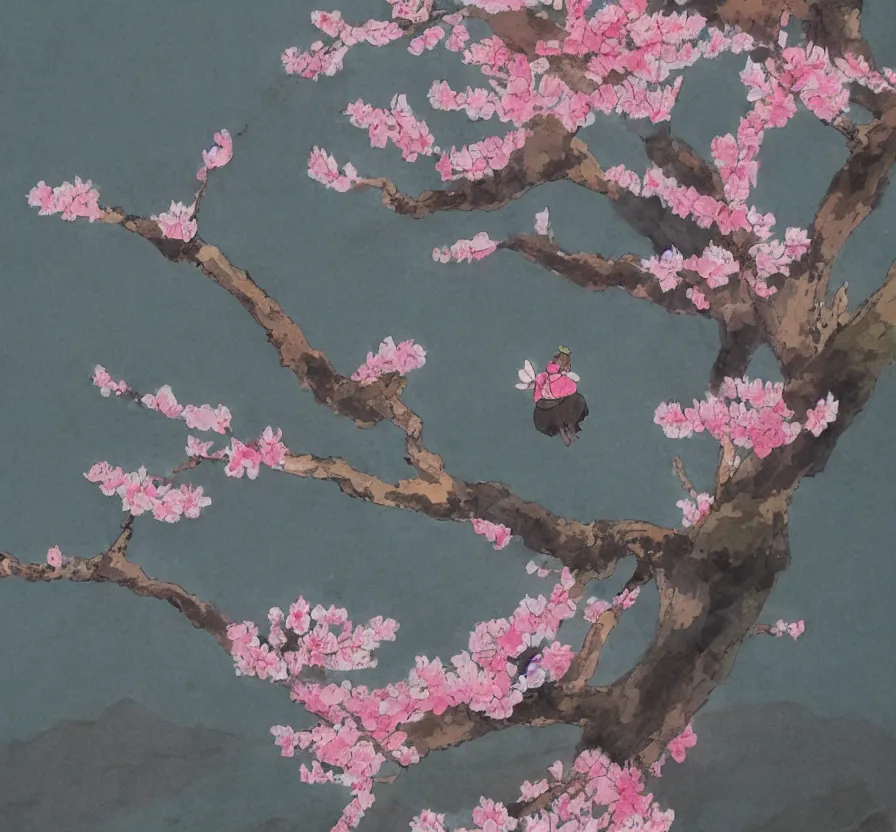 Prompt: a peach blossom in the mountains, studio ghibli style