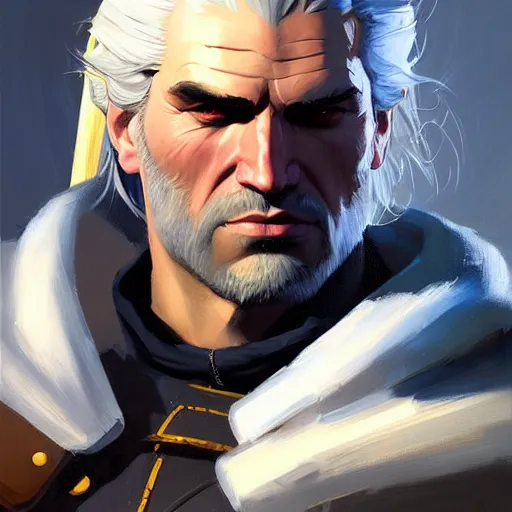 Image similar to Greg Manchess portrait painting of Geralt of Riva as Overwatch character, medium shot, asymmetrical, profile picture, Organic Painting, sunny day, Matte Painting, bold shapes, hard edges, street art, trending on artstation, by Huang Guangjian and Gil Elvgren and Sachin Teng