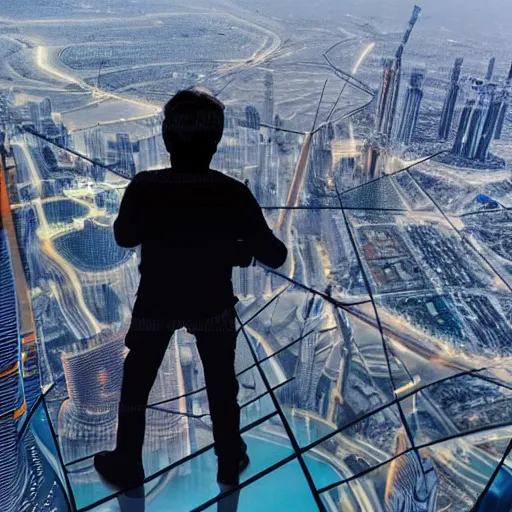 Image similar to closeup of a man [ standing on the pinnacle of the burj khalifa ]!!, holding a camera, viewing out into a futuristically adequate city, dusk atmosphere, digital art, [ synthwave style ]!!, golden ratio!!, centered!!