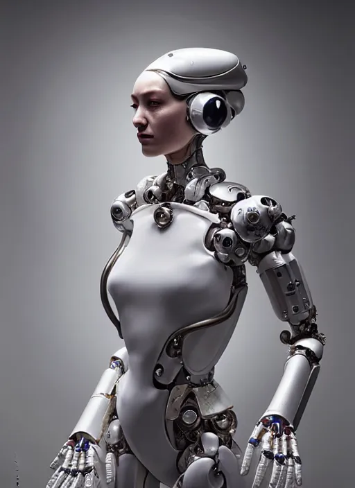 Prompt: the high priestess cyborg, organic humanoid robots made of porcelain, photorealistic by michael komarck, greg rutkowski, victo ngai, artgerm, willem claesz heda and j. dickenson