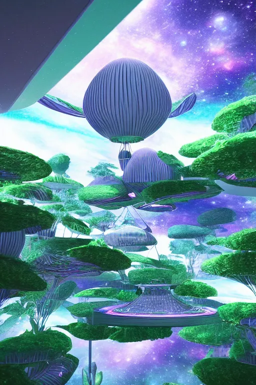 Image similar to multi level botanical garden spaceship floating in space, calm, tranquil, faded effect, detailed, vaporwave colors, render by substance designer