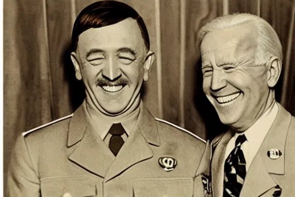 Image similar to “ very very intricate photorealistic photo of hitler and joe biden laughing together, detailed natural lighting, award - winning crisp details ”