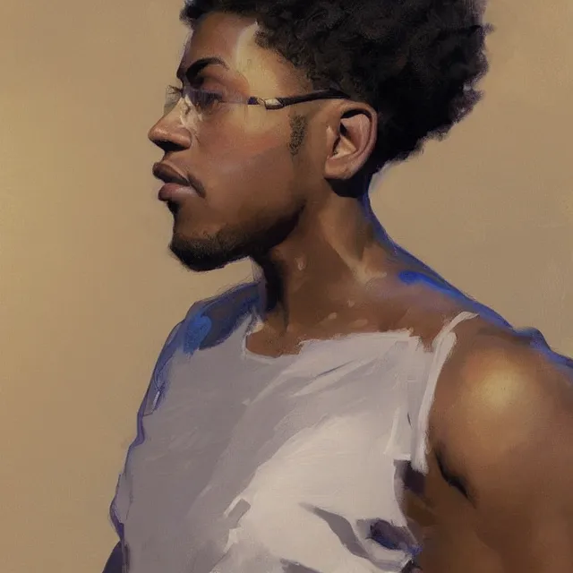 Prompt: a lightskinned black man with short hair, using a macbook, portrait, elegant, intricate, digital painting, artstation, concept art, smooth, sharp focus, illustration, art by konstantin korovin and daniel f. gerhartz and john howe