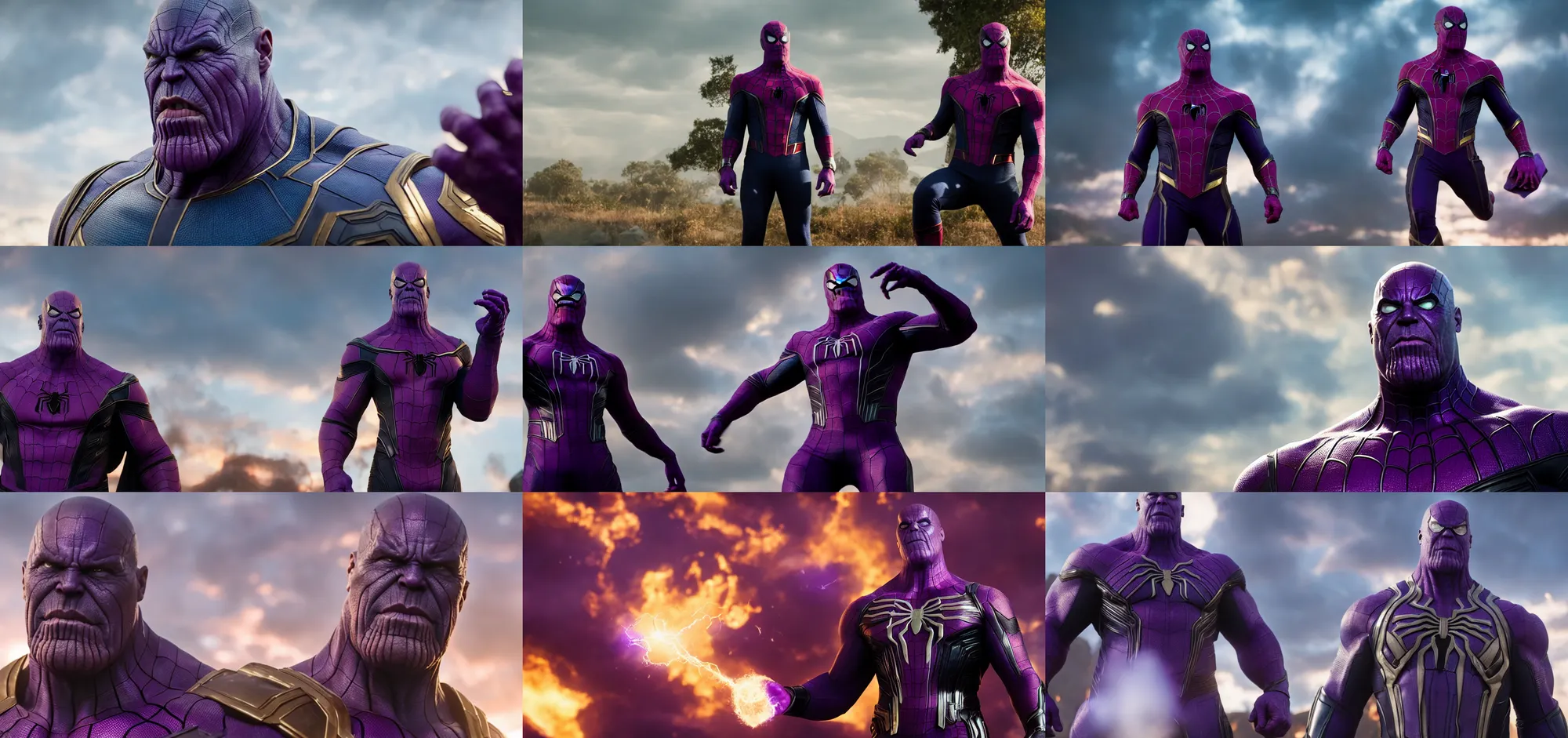 Prompt: Thanos as Spider-Man, film still, wide-shot, full shot, cinematic lens, heroic portrait
