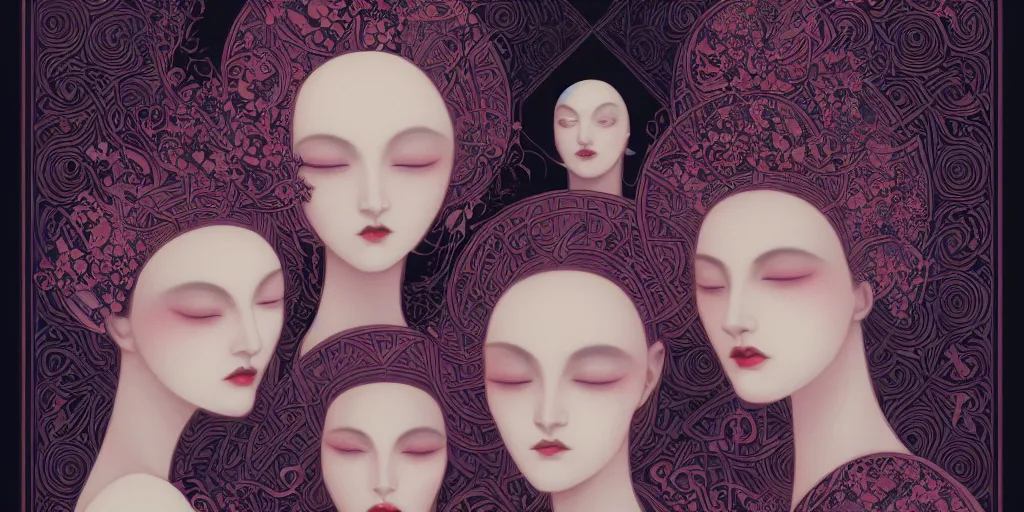 Prompt: breathtaking detailed concept art painting art deco pattern of goth faces goddesses amalgamation flowers, by hsiao - ron cheng, bizarre compositions, exquisite detail, extremely moody lighting, 8 k