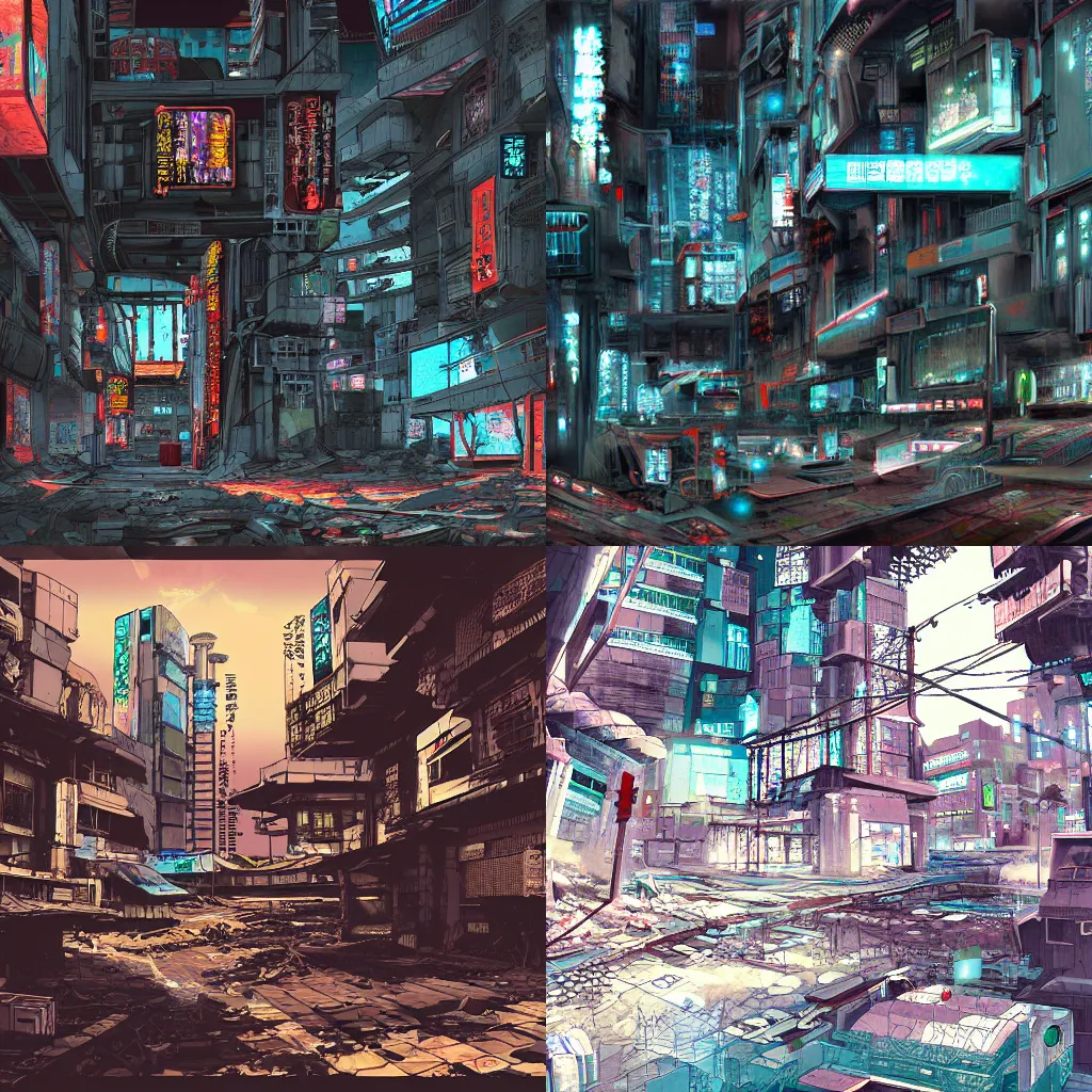 Prompt: the ruins of a cyberpunk Japanese city, digital art, digital painting