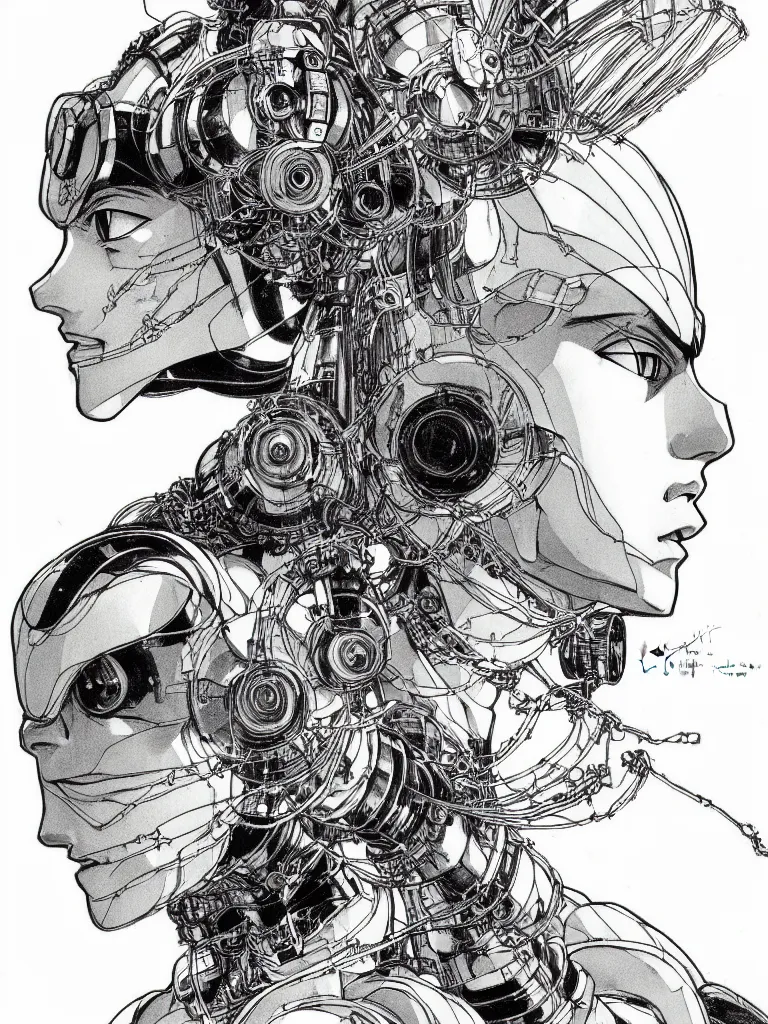 Image similar to prompt: Fragile looking portrait, portrait face drawn by Katsuhiro Otomo, accurate full body character drawing, inspired by Evangeleon and Akira 1988, cyborg and wire details, clean ink detailed line drawing, intricate detail, manga 1990, golden ration composition