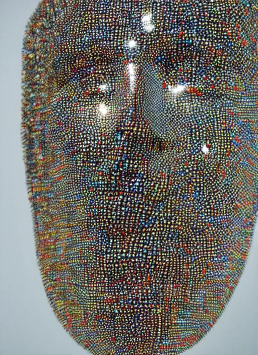 Image similar to a figurative sculpture made of one million tiny reflective spheres