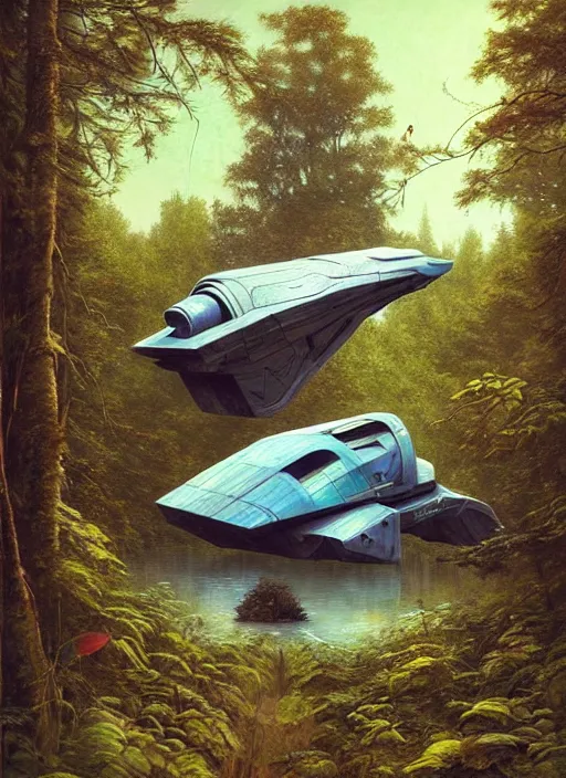 Image similar to hyper realistic spaceship in the woods by a river gorgeous lighting, lush forest foliage blue sky a hyper realistic painting by chiara bautista and beksinski and norman rockwell and greg rutkowski, weta studio, and lucasfilm