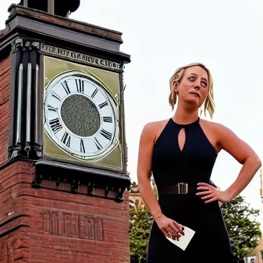 Image similar to A film still of Kaley Cuoco under the Eastgate clock in Chester. Behind her we see a black panther,70mm