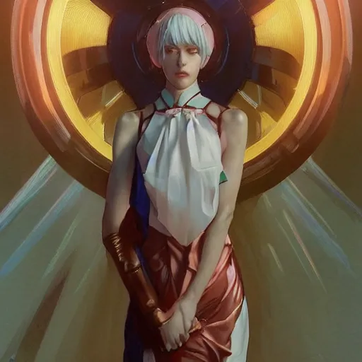 Prompt: a vivid hyperrealistic render of Rei Ayanami wearing silk dress, by Artgerm,Greg Rutkowski,Alphonse Mucha, Beautiful dynamic lighting,shadows,cinematic atmosphere,Artstation,concept design art,Octane render,8K