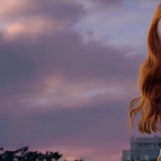 Image similar to film still of sadie sink playing wonder women, hd, 8 k, high resolution, cinematic, golden hour lighting, beautiful hair, holding golden whip