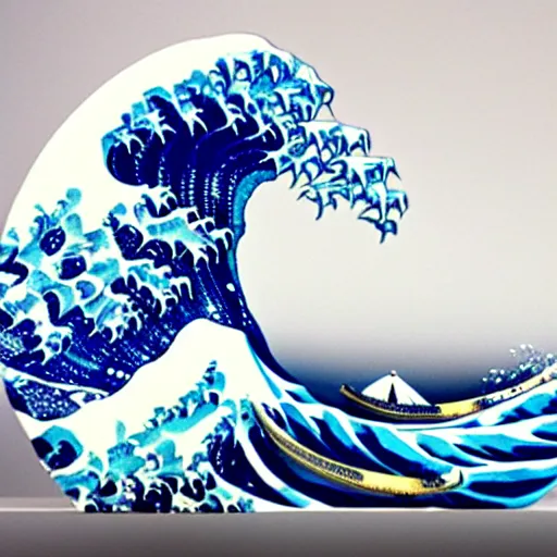 Prompt: a white and blue sculpture of The Great Wave off Kanagawa on a table