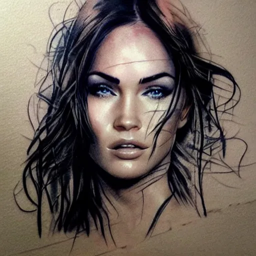 Prompt: realistic tattoo sketch of megan fox face double exposure art with beautiful mountain scenery, in the style of den yakovlev, amazing detail, sharp, faded