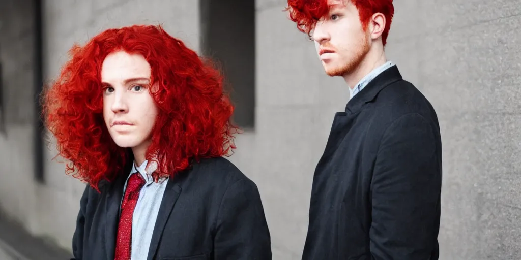 Image similar to man, red hair, black jacket, curly hair, fullbody, Caucasian, short hair,