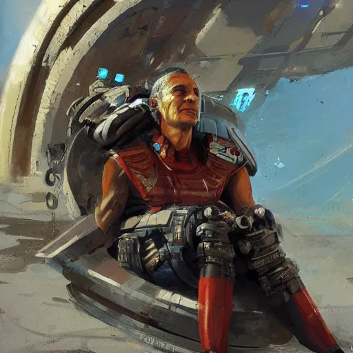 Image similar to a futuristic fighter, from Egypt, resting after a hard fight, happily tired, sci fi character portrait by craig mullins