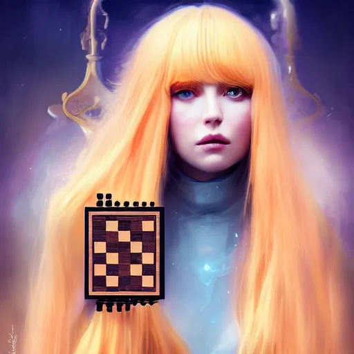 Prompt: rimuru tempest elegantly playing chess, with amber eyes of golden colored eyes, straight hair, sky blue hair, long bangs, high collar, concept art, award winning photography, digital painting, cinematic, wlop, 8 k, by ross tran, tom bagshaw, andy warhol