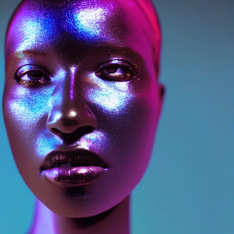 Prompt: portrait of iridescent metallic face, african woman, mercury, smooth reflections, proud looking away, outdoor, blue sky, 8 k, realistic, depth of field, highly detailed, award winning photography, by richard mosse