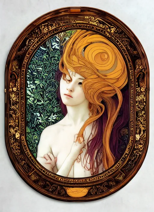 Image similar to masterpiece beautiful seductive flowing curves preraphaelite face portrait photography, extreme close up shot, straight bangs, thick set features, yellow ochre ornate medieval dress, miho hirano, amongst foliage mushroom forest circle arch, william morris and kilian eng and mucha, framed, 4 k