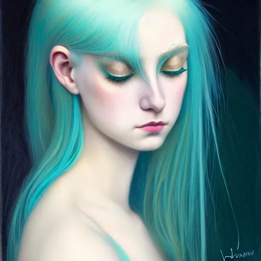 Image similar to portrait of girl with pale teal hair, luna moth, uniquely beautiful, fantasy, intricate, elegant, dramatic lighting, emotionally evoking symbolic metaphor, highly detailed, lifelike, photorealistic, digital painting, artstation, concept art, smooth, sharp focus, illustration, art by John Collier and Albert Aublet and Krenz Cushart and Artem Demura and Alphonse Mucha