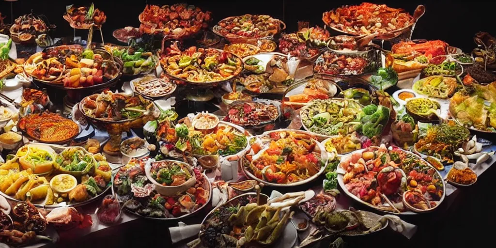 Image similar to a buffet with every food imaginable, realistic, detailed, intricate, food photography, delicious, colorful