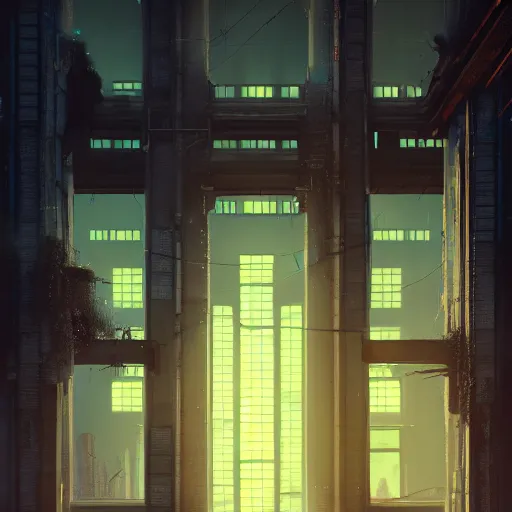 Image similar to One dilapidated building with only one window glowing. ArtStation, Cyberpunk, Vertical Symmetry, 8K, Highly Detailed, Intricate, Album Art.