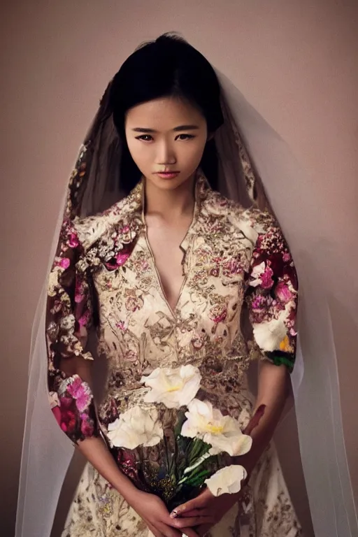 Prompt: very beautiful asian woman, beautiful face, ultradetailed, ethereal, flowers, beautiful wedding dress, gorgeous, volumetric lighting, art by steve mccurry