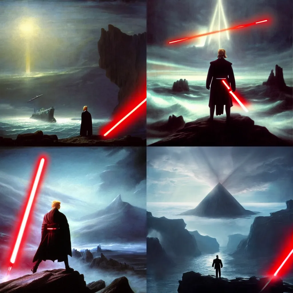 Prompt: Sith Donald Trump holding red lightsaber, wanderer above the sea of fog by caspar david friedrich, dramatic lighting, stardestroyer in the background, epic, galaxy, extreme detail