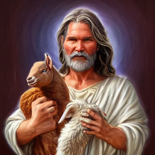 Prompt: a detailed fantasy character painting of Kurt Russell holding a lamb, dressed like Jesus Christ, by lauri blank, artgerm, evelyn de morgan, 8K, 50mm lens