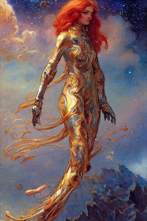 Image similar to “big chaotic beutiful and open space with many stars, redhead woman in futuristic spacesuit that revealing her beautiful fit body points to the infinity. High detailed style of Gaston Bussière, art nouveau”