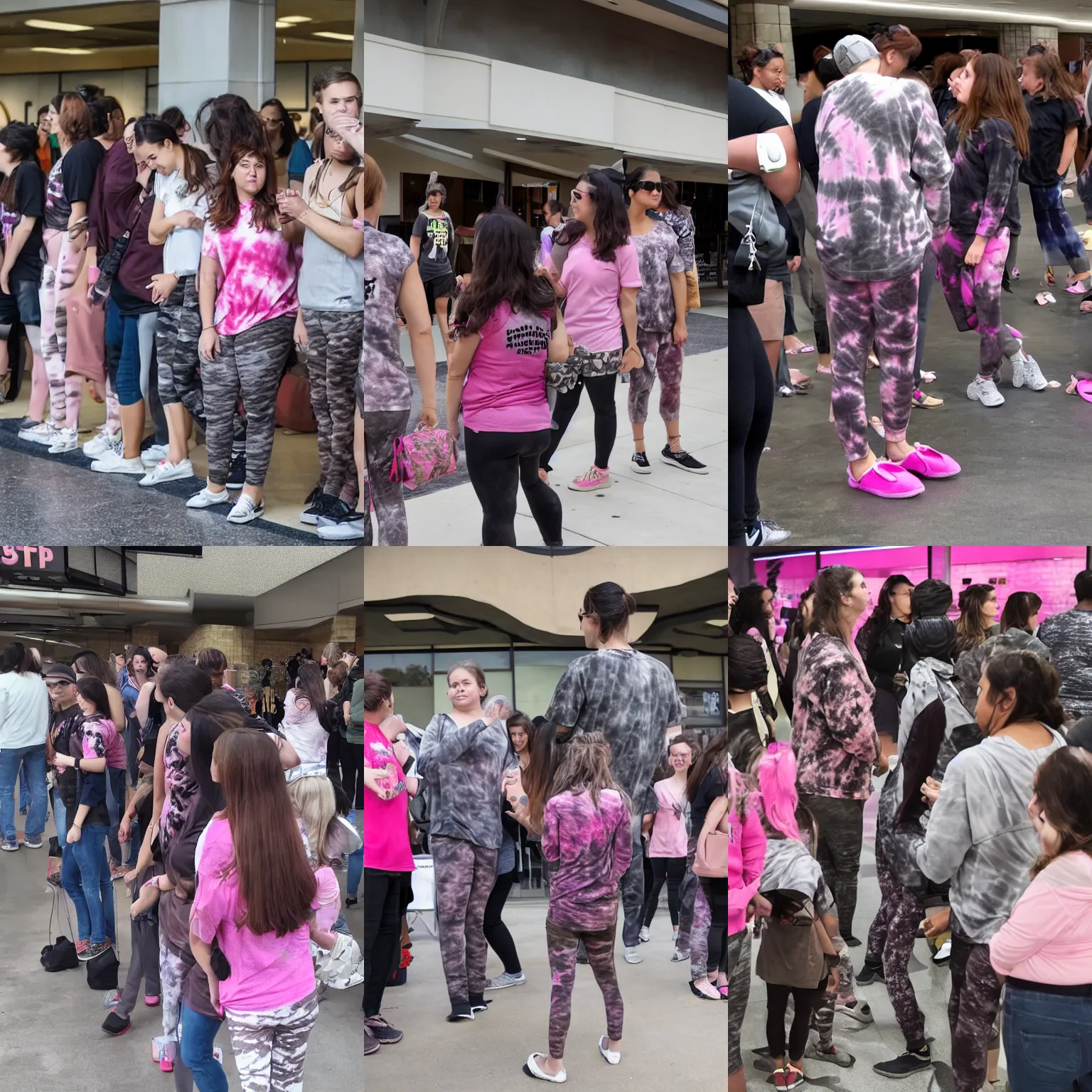 Prompt: a woman with brown hair wearing dark grey camo leggings, a pink and white tie dye shirt, and slippers in line at the theaters