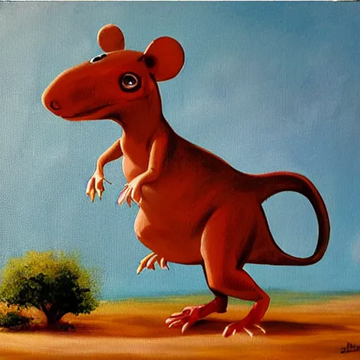 Image similar to dinosaur mouse, epic pose, old painting