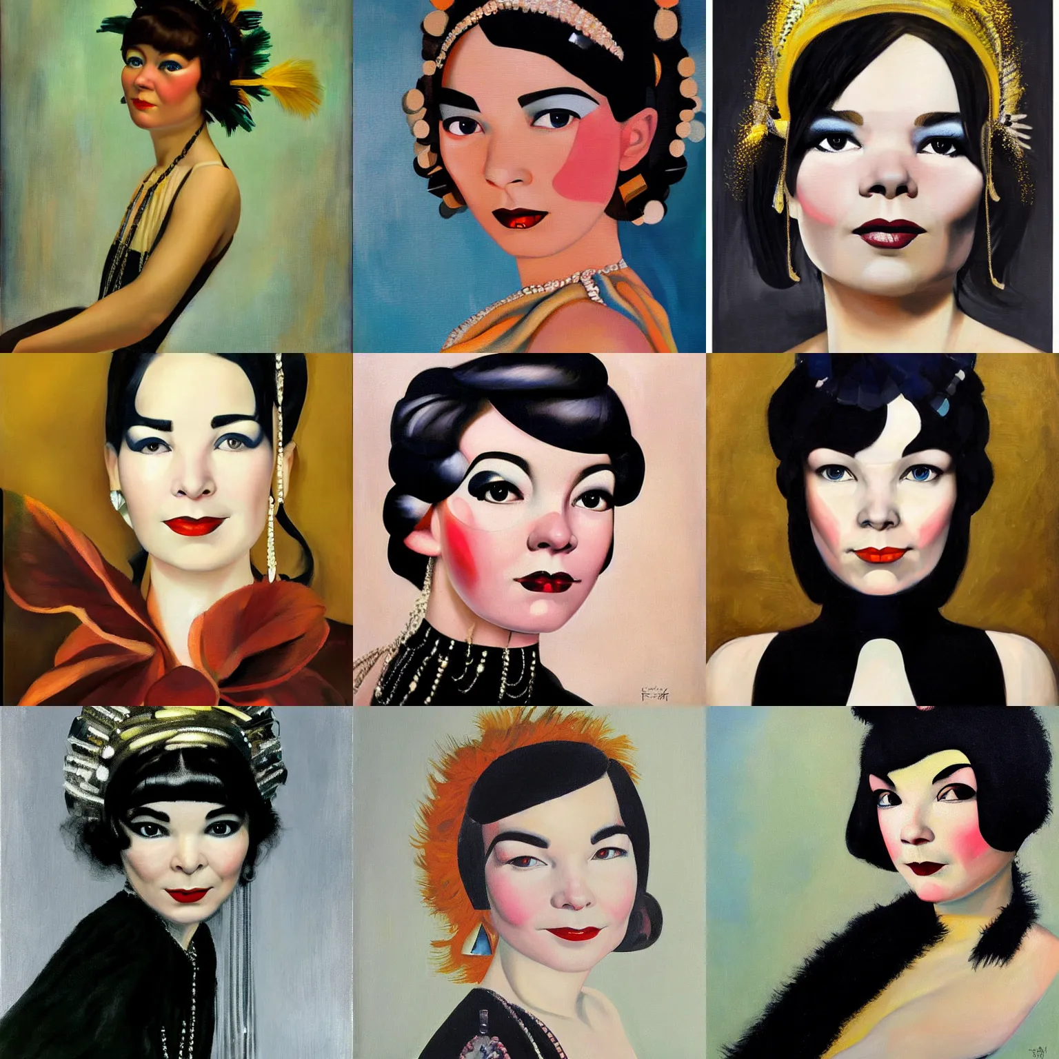Prompt: detailed, beautiful portrait of bjork's face with realistic, small eyes. bjork is dressed like a flapper. bjork painted by tamara de lempicka, 1 9 2 7.