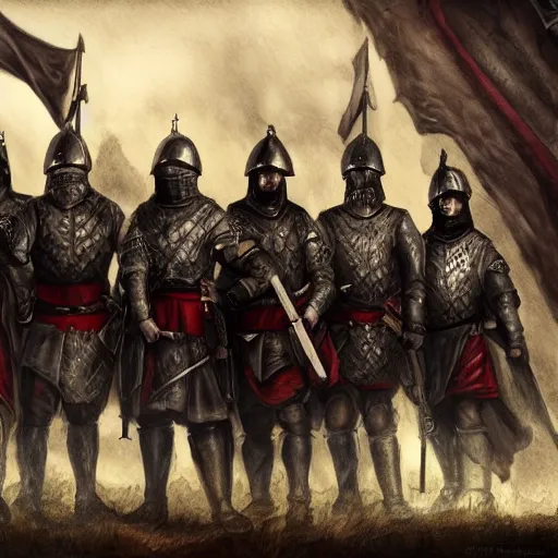 Image similar to realistic, 5 medieval soldiers, in line, pikes, hellbards, banner, flag, mist, up facing, epic, digital art, illustration, fantasy, realistic sketch, dark