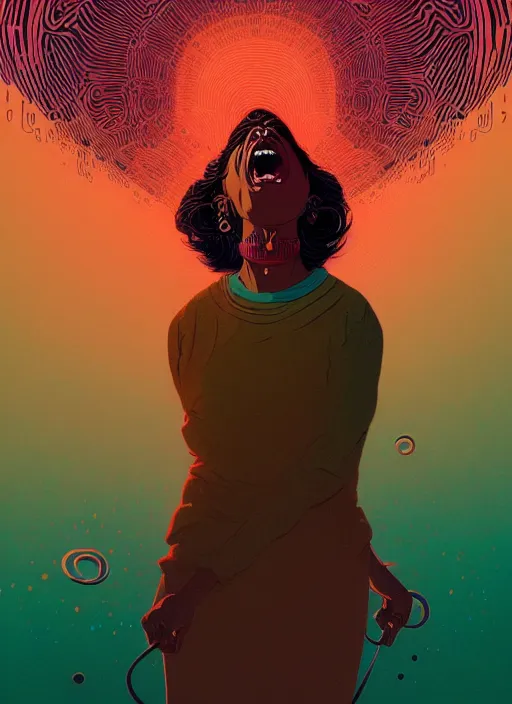 Prompt: angry brown woman yelling at the computer, epic scene, by victo ngai, kilian eng vibrant colours, dynamic lighting, digital art, winning award masterpiece, fantastically beautiful, illustration, aesthetically inspired by beksinski and dan mumford, trending on artstation, art by greg rutkowski, 8 k