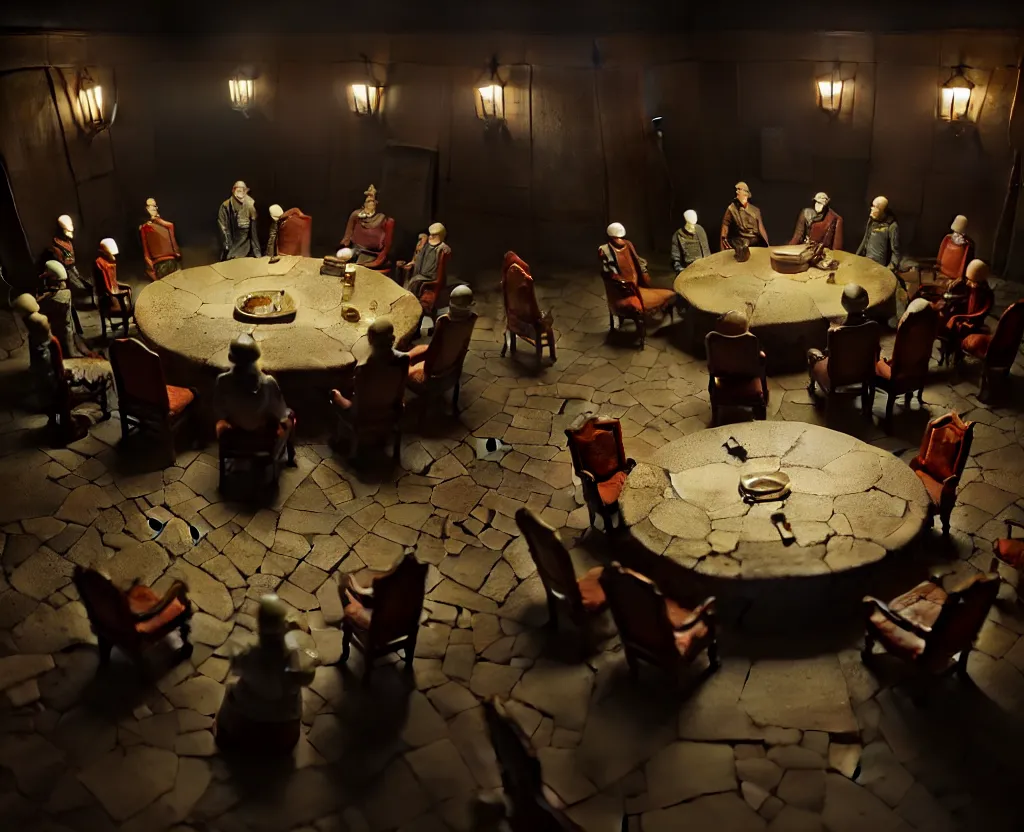 Image similar to the forbidden underground meetings of the traitors, a dimly lit stone room, some old chairs, all traitors are standing around a roundtable debating how to kill the king, cinematic landscape, betrayal in the air, octane render, artstation