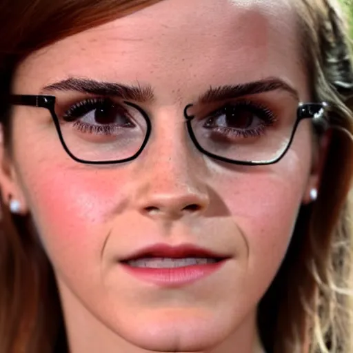 Prompt: Emma Watson wearing extremely thick glasses, hyper realistic, 8k