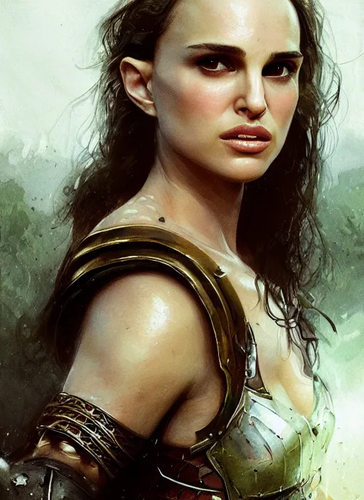 Image similar to young natalie portman, legendary warrior, fighter, lord of the rings, tattoos, decorative ornaments, battle armor, carl spitzweg, ismail inceoglu, vdragan bibin, hans thoma, greg rutkowski, alexandros pyromallis, cute, perfect face, detailed, sharply focused, centered, rule of thirds, photorealistic shading