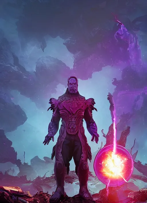 Image similar to Thanos standing in a portal of energy on a post apocalyptic battlefield, grinning emperor of the world, action pose, dramatic lighting, high contrast, cosmic horror, abstract, masterpiece, trending on ArtStation, by Moebius, blizzard concept artists, Greg Rutkovski and by Craig Mullins and by David Cronenberg and by Ismail Inceoglu