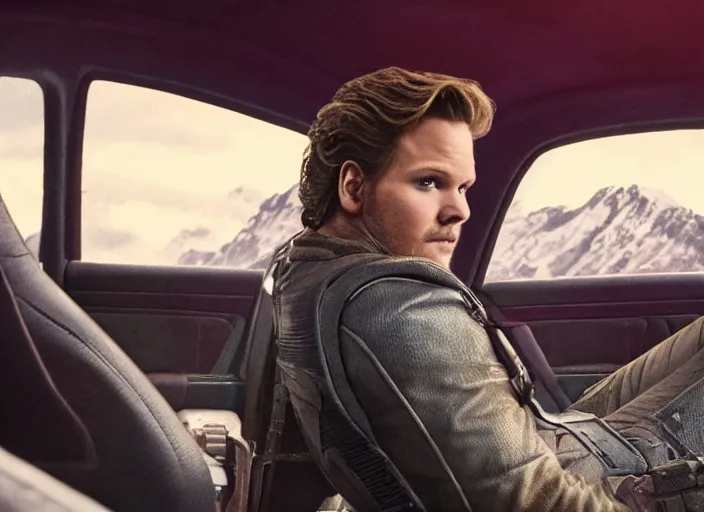 Image similar to a very high resolution image from a new movie, starlord. inside of a car. mountains, falling stars, directed by wes anderson