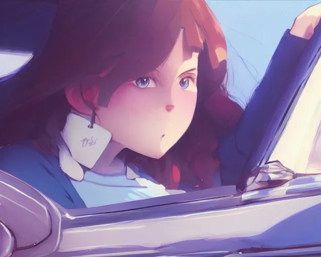 Image similar to a brunnete girl with blue eyes and puffy cheeks driving a car, close up shot from the back of the car, anime art, Greg Rutkowski, studio ghibli, dramatic lighting