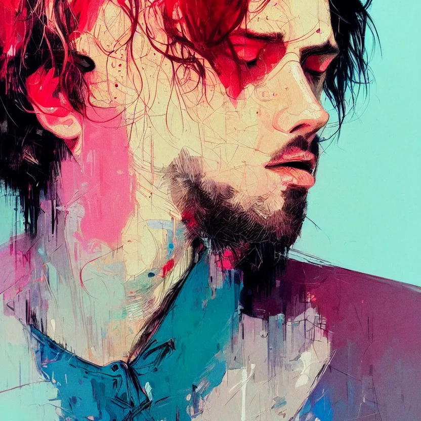 Image similar to close up portrait painting of a male musician in nineties street styling, concept art, intricate details, aesthetically pleasing pastel colors, art by conrad roset, impressionism, portrait